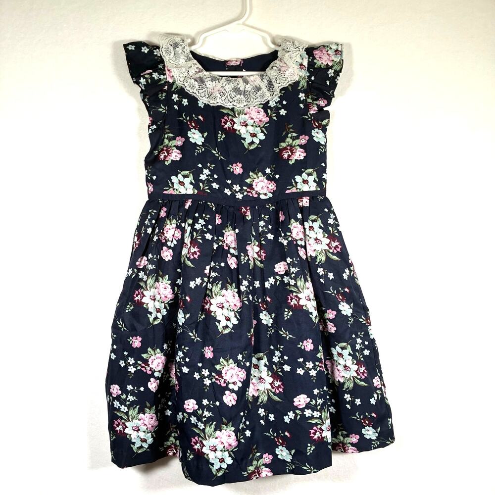 Janie and Jack Girls Floral Ruffle‎ Cap Sleeve Lace Trim Dress Size 5